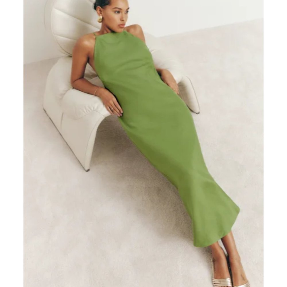 NWOT Reformation Selia Linen Dress in Avocado Tie Straps Maxi Open Back